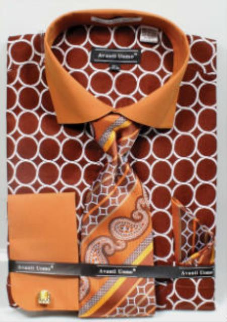 Men's Brown Printed Pattern French Cuff Dress Shirt