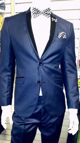 Shiny Dark Navy ~ Dark Royal Blue Tuxedo 2 Button Black Lapel Slim Dress Suits for Men ( Tuxedo Looking Two Toned )