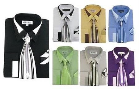 Classic French Cuff Set w/ tie and Handkerchief Men's Dress Shirt
