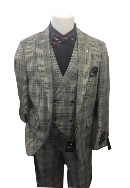 Men's Grey Two Button Closure Plaid Pattern Peak Lapel Jacket