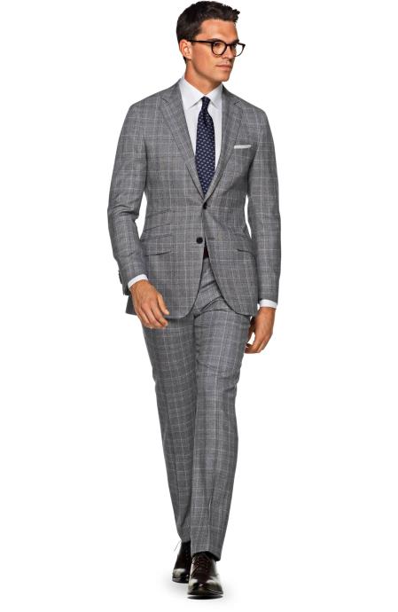 Men's 2 Button Wool checkered check pattern Grey Slim Fit Suit
