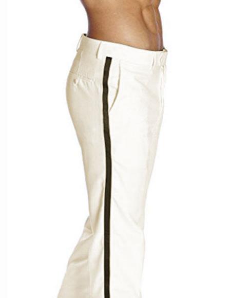 Men's Black Satin Stripe Classic Fit Solid Ivory Flat Front Pant