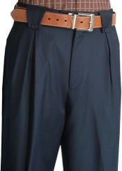 Men's Classic Fit Pleated Front Flap Style Pocket Navy Wool Men's Wide Leg Trousers