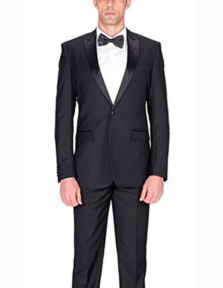 Authentic Braveman Men's 1 Button Black Slim Fit Tuxedo Suit With Satin Peak Lapels