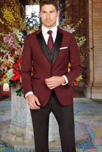 Mens One Button Peak Label Suit Burgundy and Black main image 0