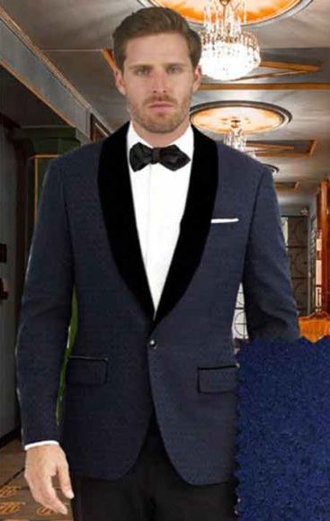 Men's Dark Blue Shawl Lapel 1 Button Closure Tuxedo Suit