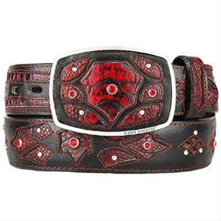 Men's Original Ostrich Leg Skin Fashion Hand Crafted Belt Black Cherry