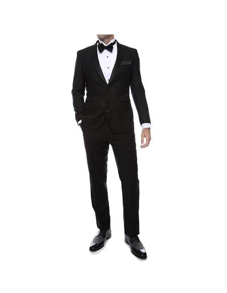 Men's Two Toned Peak Lapel Regular Fit Two Piece Dark Navy ~ Midnight Blue  Suit Black Lapel Free Black Pants main image 1