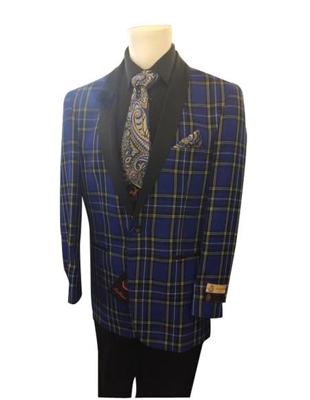 Men's Royal Blue Two Button Closure Plaid Pattern Shawl Lapel Jacket