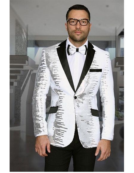 Men's Shiny Sequin 1 Button White &amp; Black Blazer ~ Black Dinner Jacket