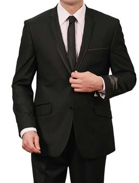 Men's Two Piece Slim Fit Suit - Satin Trimmed Lapel Black