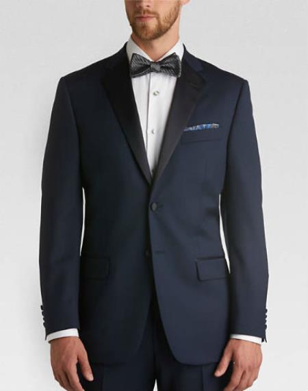Men’s Navy Slim-Fit Suit with Satin Lapel & Flat-Front Pants