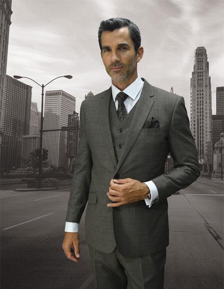 Men's Designer Patterned Texture Fabric Suits Clothing Confidence Plaid Taupe 2 Button Double Breasted Vest Suit