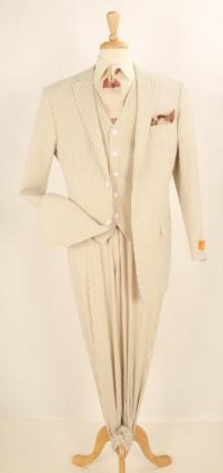 Mens Three Piece Suit - Jacket + Pants Suit Mens 3 Piece Jacket + Pants Seersucker Sear sucker suit - Flat Front Pants Tan ~ Beige ~ Sand