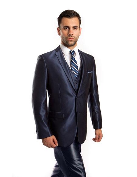 Men's Sharkskin Flashy Metallic Silky Shiny Dark Navy 2 Button 3 Piece ...
