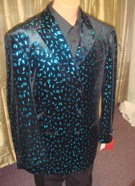 Men's Velvet Blazer/ Jacket in Black/turquoise ~ Light Blue Stage Party
