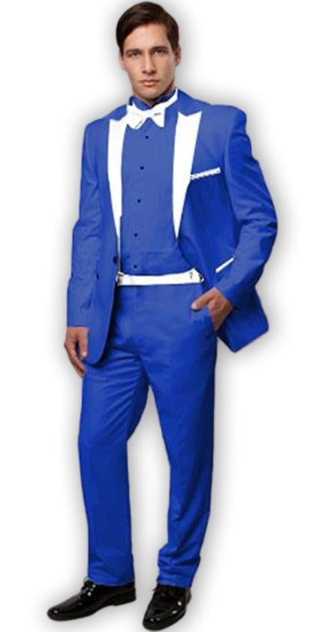 Men's Royal Blue 1 Button  White Satin Lapel Tuxedo Dress Suits for Men