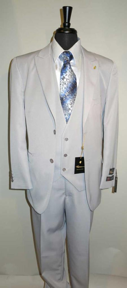 Men's Vested Suit Two Button Peaked Lapel Suit With A Three Button Front Vneck Vest Silver Grey ~ Gray Ash suits