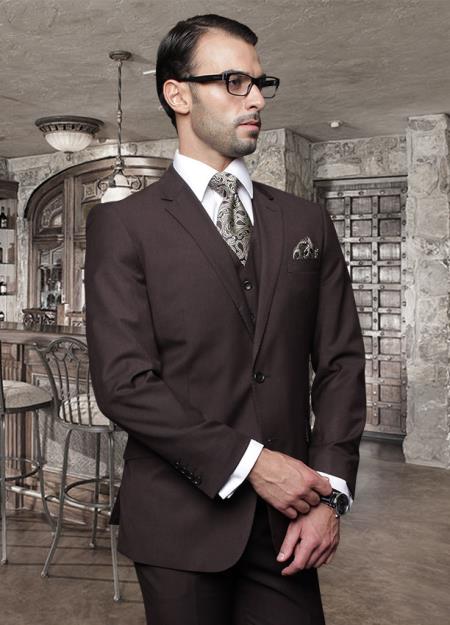 2 Button Brown Suit with a Vest Super 150's Italian Pick Stitched Lapel Slanted Pocket - Three Piece Suit
