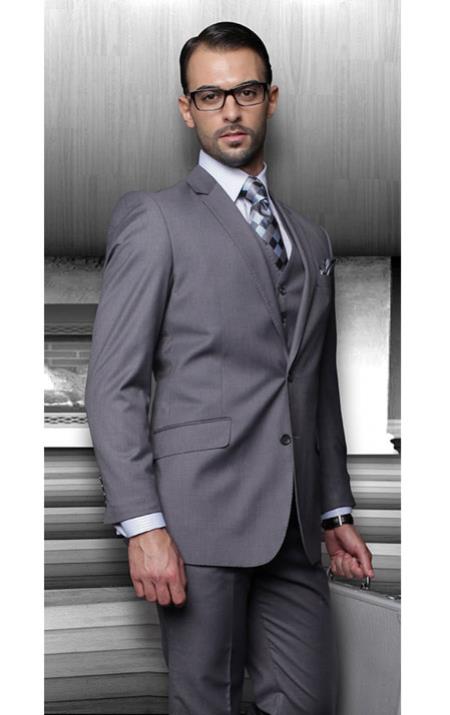 Men’s Charcoal Grey 3 Piece Suit, Notch Lapel 2 Button Vested Formal Business Dress Suit