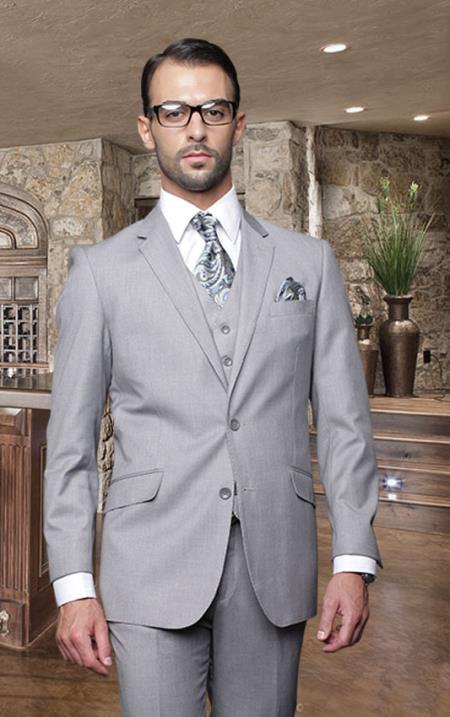 Nice 2 Button Solid Color Gray Men's Suit with a Vest 3 Piece Tapered Slim Fitted Flat Front Pants