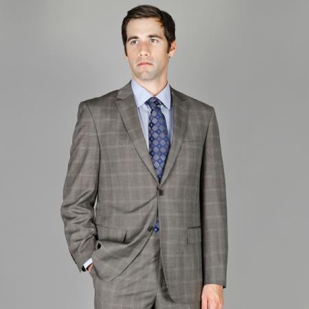 Mens Plaid Suit Grey Windowpane 2-Button and Silk Blend Suit