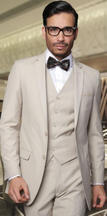 Men's 2 Button Vested 3 Pieces 3PC Slim Fitted Cut Skinny Lapel Poly Rayon Suit Tan ~ Beige (Buy Wholesale 10PC&UP of this for $90)