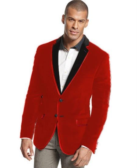 Two Tone Trim Notch Collar ~ Red Velvet velour Blazer Jacket Formal Cheap Priced Blazer Jacket For Men Tuxedo Jacket~Sport Coat - Red Tuxedo