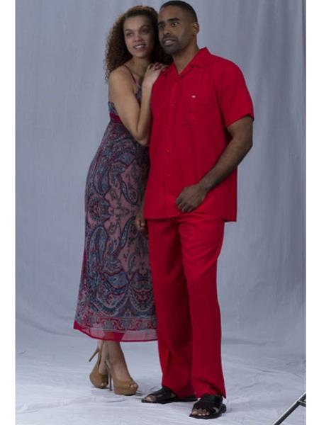 Men’s Red 2 Piece Short Sleeve Walking Suit, Casual Shirt and Pants Set