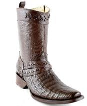 Men's White Diamonds Short Caiman Belly Leather Lining Fashion Boots Brown