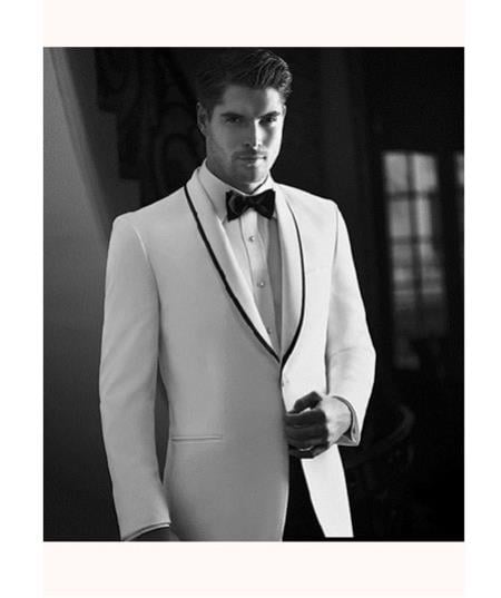 Men's White Tuxedo Dinner Jacket Suit Shawl Collar with Black trim lapel 1 button + Pants