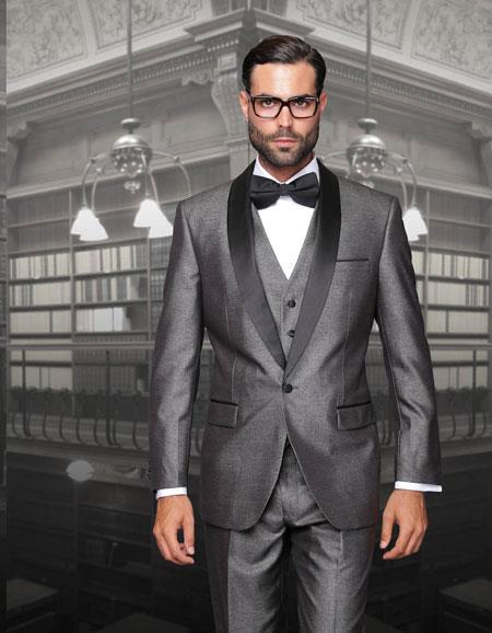 Men's One Button Classic Three Piece Sharkskin Suit With Solid Black Satin Shawl Collar Gray