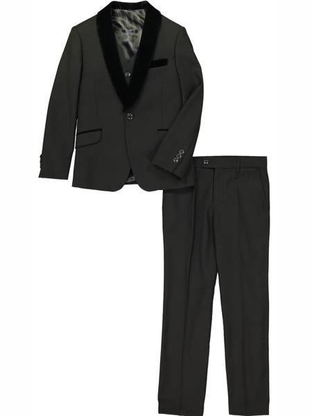 3 Pc Velvet Collar Shawl Lapel Kids Sizes Black Tuxedo Suit Perfect for toddler Suit wedding attire outfits