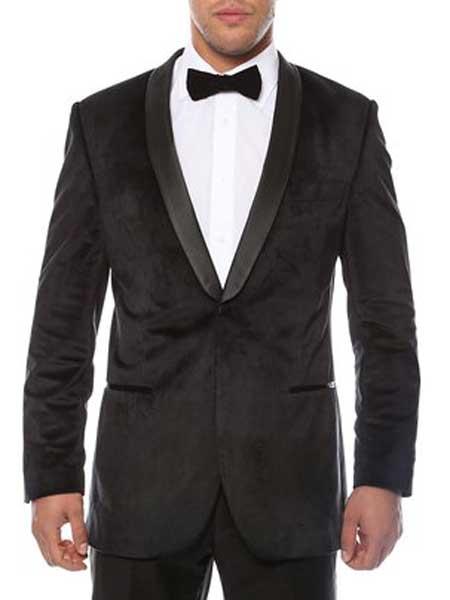 Men's 1 Button Shawl Lapel Black Velvet Sheen Two Toned With Black Lapel Side Vented Black