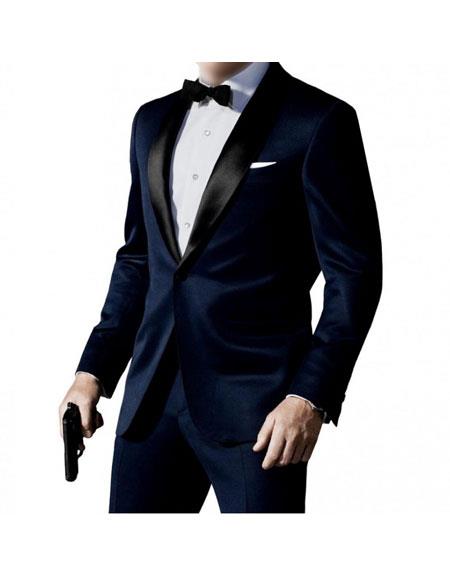 Men's 2 Button  Peak Lapel Black 3 Piece James Bond Outfit