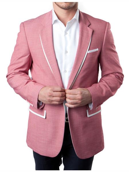Men's 1 Button White and Coral ~ Rose Gold - Dusty Rose Mix Tux Tuxedo Summer Blazer With White Trim Accents Tuxedo Dinner Jacket