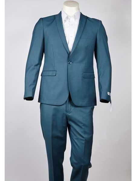 Men's Slim Fit One Button Peak Lapel Turquoise Suit