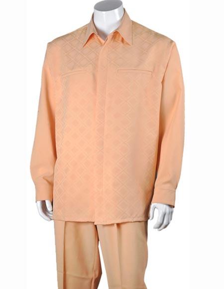 Men's Peach Two Piece Checked Pattern Button Front Polyester Classic Fit Casual Two Piece Walking Outfit For Sale Pant Sets Suit