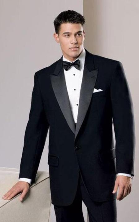 Men’s Black 100% Worsted Wool Tuxedo, Peak Lapel Formal Wedding Prom Dinner Suit
