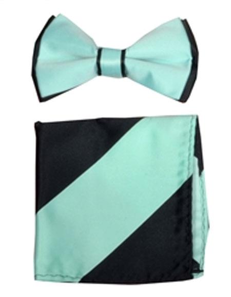 Men's Auqa / Black Polyester Satin dual colors classic Bowtie with hankie - Men's Neck Ties - Mens Dress Tie - Trendy Mens Ties