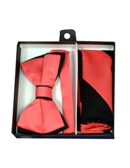 Men's Polyester Black/Salmon ~ Coral Satin dual colors classic Bowtie with hankie - Men's Neck Ties - Mens Dress Tie - Trendy Mens Ties