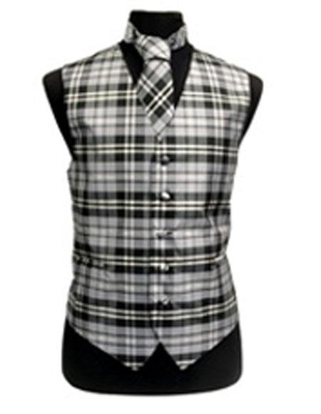 Men's White/Grey Slim Fit Polyester Plaid Design Dress Tuxedo Wedding Vest/Bow Tie Fashion Set - Men's Neck Ties - Mens Dress Tie - Trendy Mens Ties