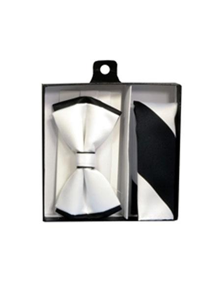 Men's Polyester White/Black Satin dual colors classic Bowtie with hankie - Men's Neck Ties - Mens Dress Tie - Trendy Mens Ties