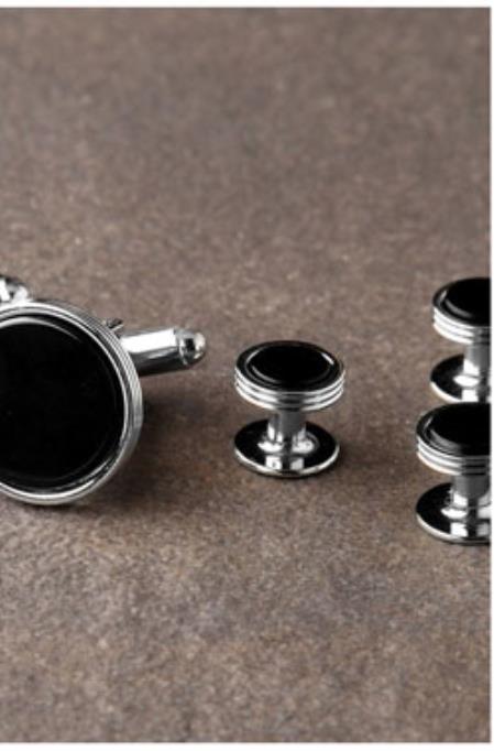 Premium Onyx Triple Rim Silver Studs and Cufflinks Set Ike Evening by Tuxedo Authentic Brand