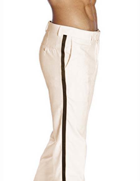 Men's Off White Poly/Rayon With Black Satin Stripe Flat Front Tuxedo Classic Fit Pant