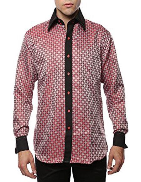 Geometric Red-Black Shiny Satin Floral Spread Collar Paisley Dress Clu