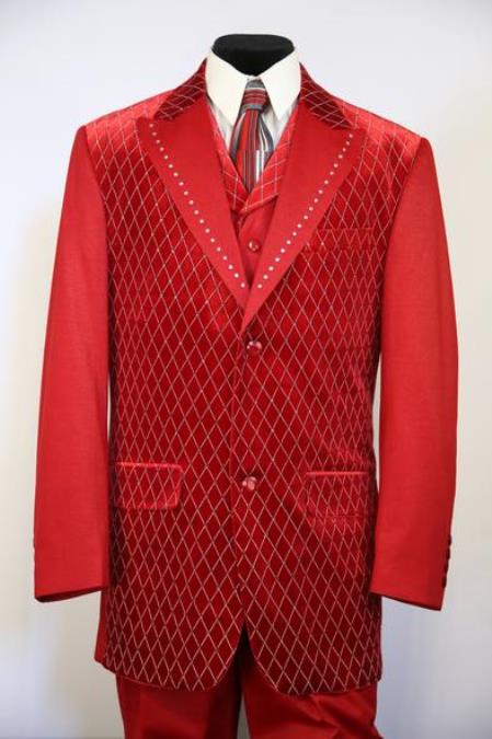 Men's Peak Lapel Velvet Suit Diamond Pattern Zoot Suit Red