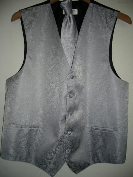 SILVER DRESS TUXEDO WEDDING Vest ~ Waistcoat ~ Waist coat & TIE SET Buy 10 of same color Tie For $25 Each - Men's Neck Ties - Mens Dress Tie - Trendy Mens Ties mensusa
