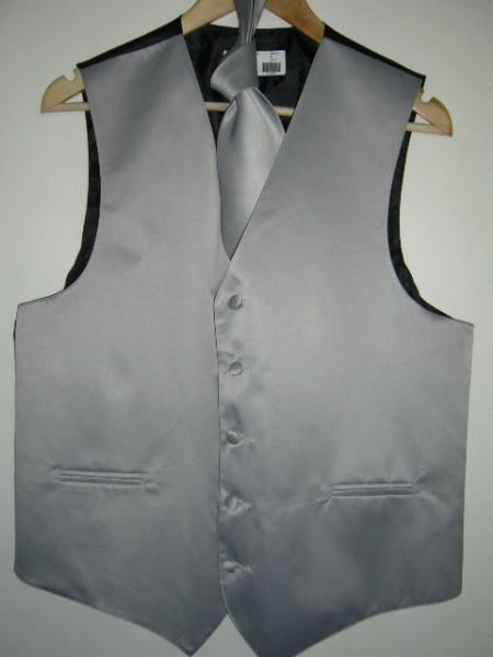 SILVER GRAY DRESS TUXEDO WEDDING Vest ~ Waistcoat ~ Waist coat & TIE SET Buy 10 of same color Tie For $25 Each - Men's Neck Ties - Mens Dress Tie - Trendy Mens Ties mensusa