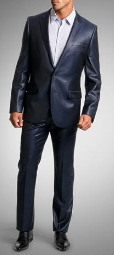 2 Button Shiny Flashy Metalic Silk Touch Midnight Dark Navy Men's Sharkskin Suit main image 0